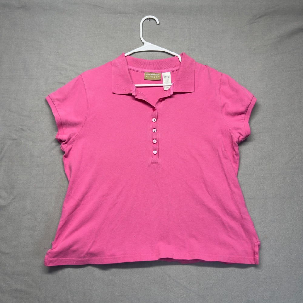VTG Y2K Liz Claiborne Polo Shirt Women XL Pink Lizwear Short Sleeve Cotton